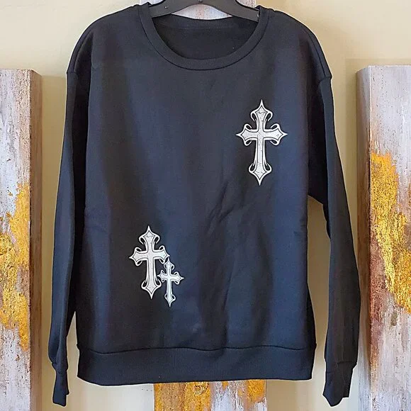 Shein Black Slayr Cross Print Drop Sleeve Casual Sweatshirt SZ M - Picture 3 of 8